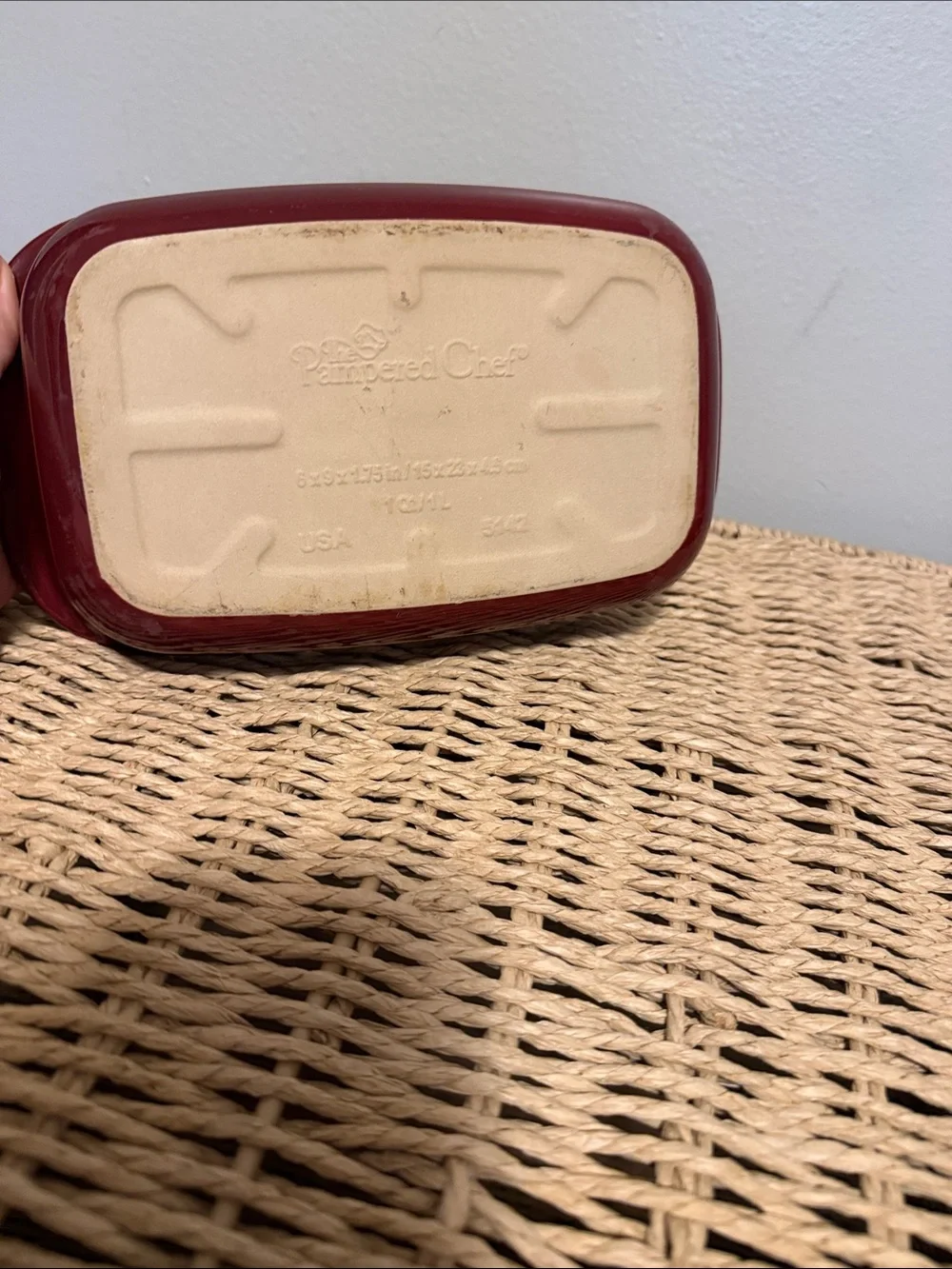 The Pampered Chef Rectangular Ceramic Baking Dish in Red and Cream